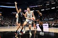 Li Yueru #28 of the Dallas Wings looks to pass over Janelle Salaun #13 of the Golden State Valkyries during the first half at Chase Center on July 25, 2025, in San Francisco, California. (Credits: IMAGN)